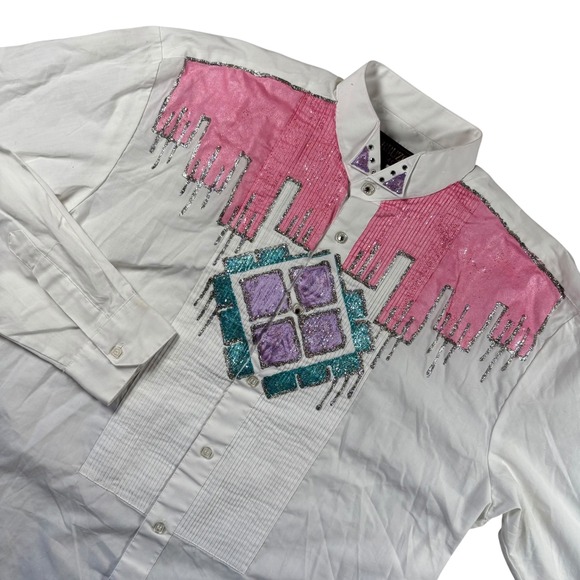 Perruzo Uomo Tops - VTG Western Shirt M White Pink Pintuck Tuxedo Button Up Perruzo Uomo Rodeo 90s